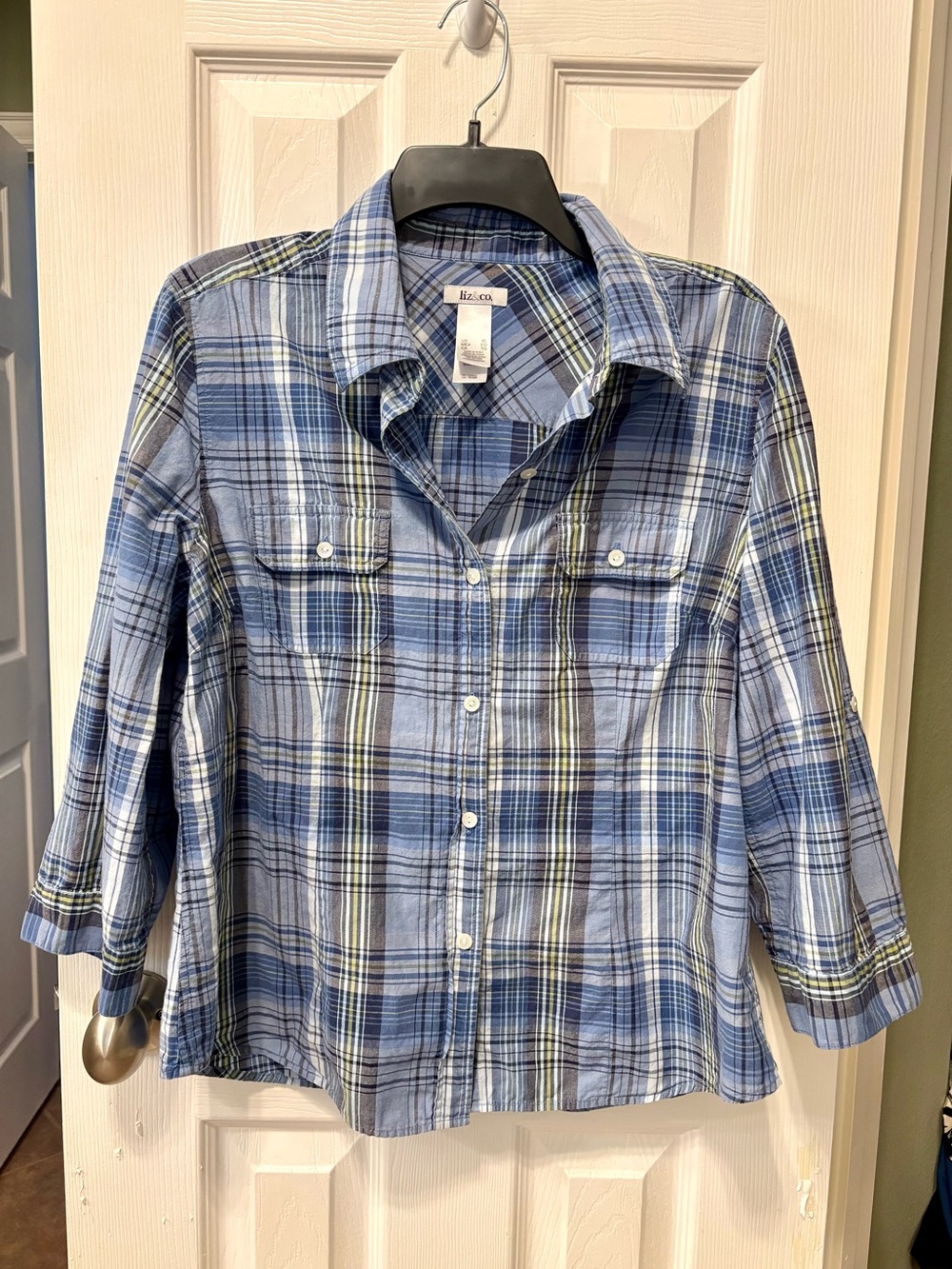 liz & co. XL 100% Cotton Blue and Yellow Plaid Shirt
